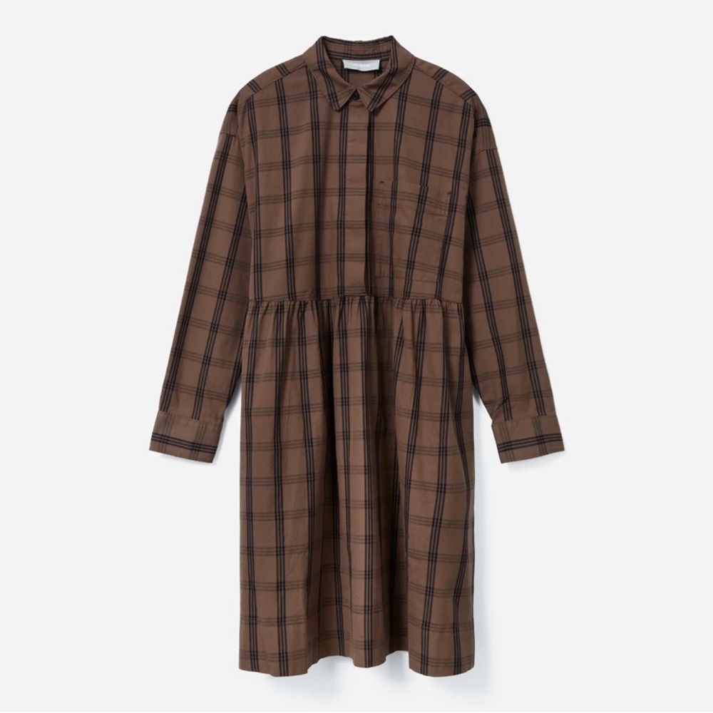 Everlane Field Dress Checkered Long Sleeve Dress in Brown XL